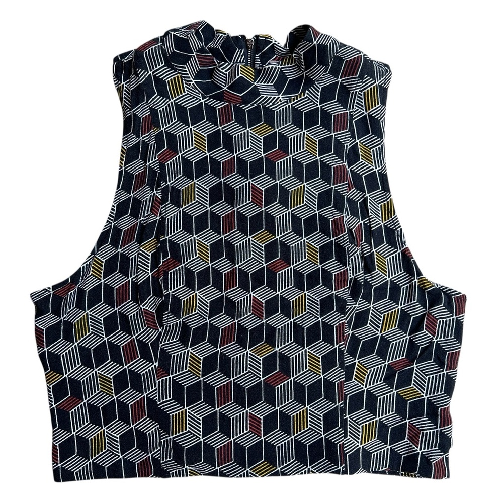 FREE PEOPLE Geometric High-Neck Sleeveless Blouse Smock Zip-Back Sz L Funky Boho